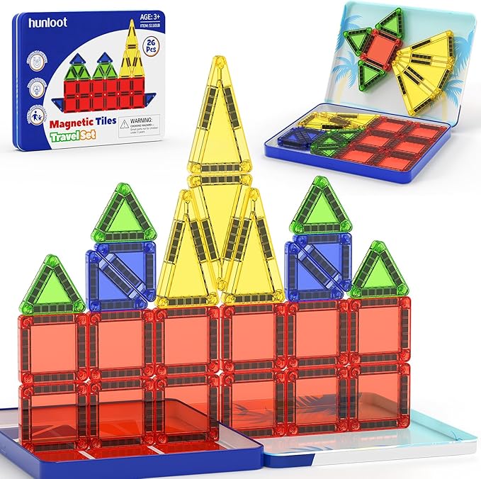 Magnetic Tiles Mini Building Blocks STEM Toys for 3-8 Year Olds,Travel-Friendly Set with Storage Iron Box,Educational Construction Playset for Toddlers,Birthday Gift for Boys & Girls