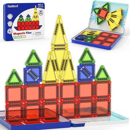 Magnetic Tiles Mini Building Blocks STEM Toys for 3-8 Year Olds,Travel-Friendly Set with Storage Iron Box,Educational Construction Playset for Toddlers,Birthday Gift for Boys & Girls