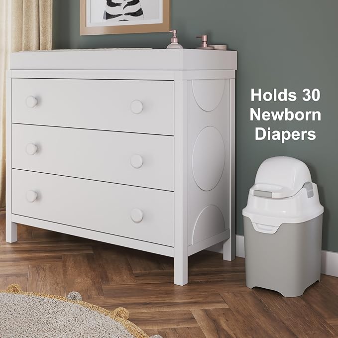 Foundations Mini Diaper Pail with Airtight Lid - Durable & Odorless Diaper Disposal, Large Capacity, Holds up to 30 Newborn Diapers, Refill with Any Bags - White
