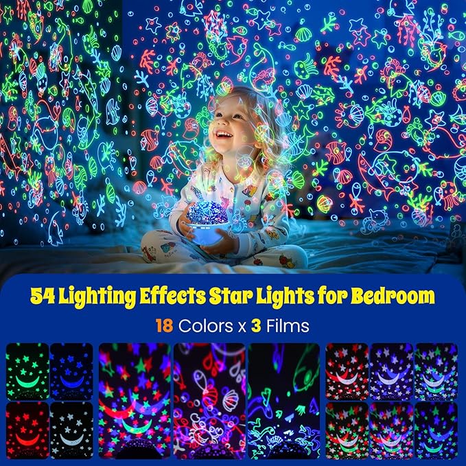 Night Light Projector,Night Light for Kids Room with Remote and Timer,360° Rotation,3 Projection Films,18 Light Modes,8 Lullaby Songs,Kids Night Lamp, Birthday Christmas Gifts for Boys Girls (Blue)