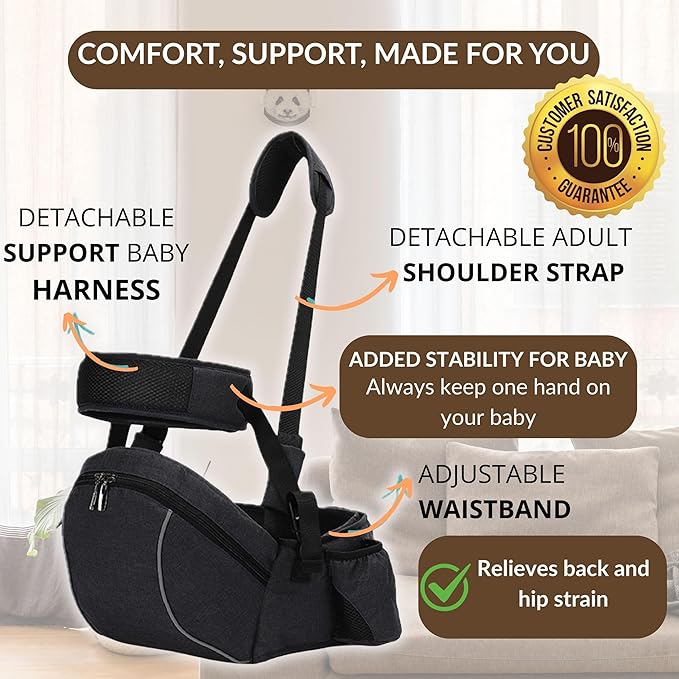 Baby Carrier with Hip Seat – Adjustable Waistband, Safety Harness & Storage Pockets – Detachable Shoulder Strap – Foldable Design for Newborns & Toddlers – Comfortable & Compact