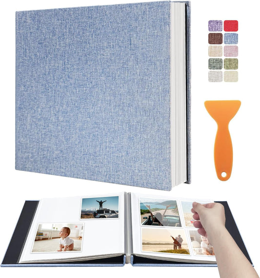 Large Photo Album Self Adhesive Scrapbook Album for 4×6 8×10 Pictures DIY Magnetic Linen Cover Album 40 Pages for Family Wedding Gifts with Metal Pen and Plastic Board