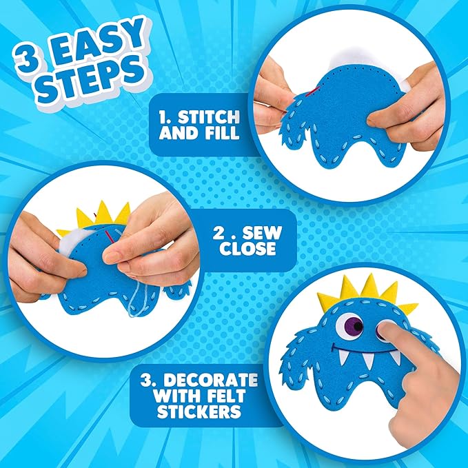 Halloween Monster Craft Sewing Kit for Kids - Sewing Craft Kit with 12 Monster Characters, 6 Child-Friendly Needles, 7 Thread Bundles, 1 Bag of Stuffing, and Scissors - Sewing Craft Ages 5 6 7 8 9 10+