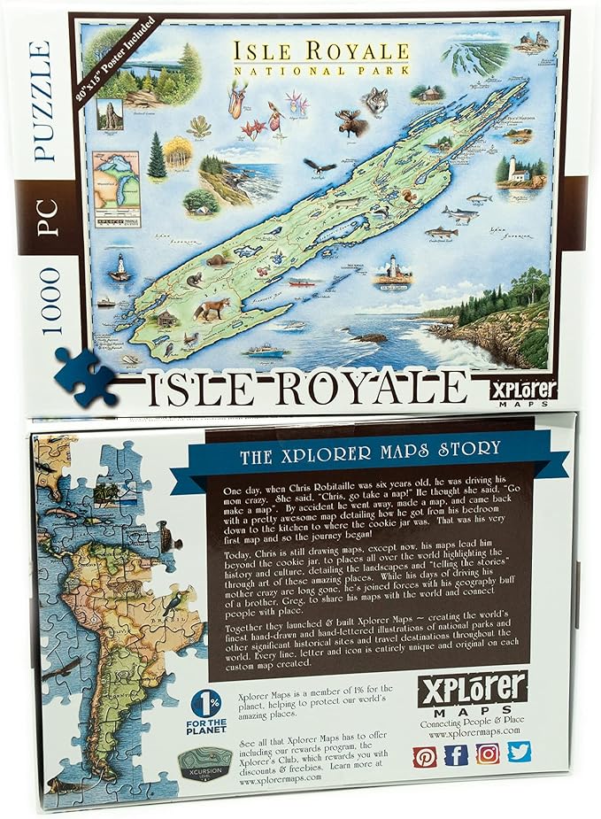Isle Royale National Park Map Cardboard Jigsaw Puzzle - 1000 Pieces, Hand-Illustrated - Educational, Family Activity, Ages 7+, Includes Poster - 25.4 x 19.8