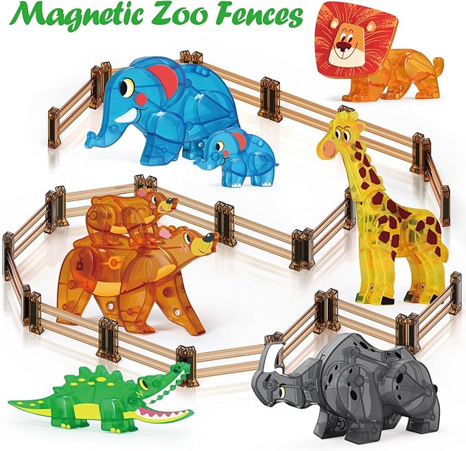 Oriate Farm Animals Fences Magnetic Tiles, 18pcs Magnet Fencing Compatible Garden Farming Zoo Dinosaur, Kids Magnetic Structural Construction Magnets Tile Building Blocks Toys Accessory