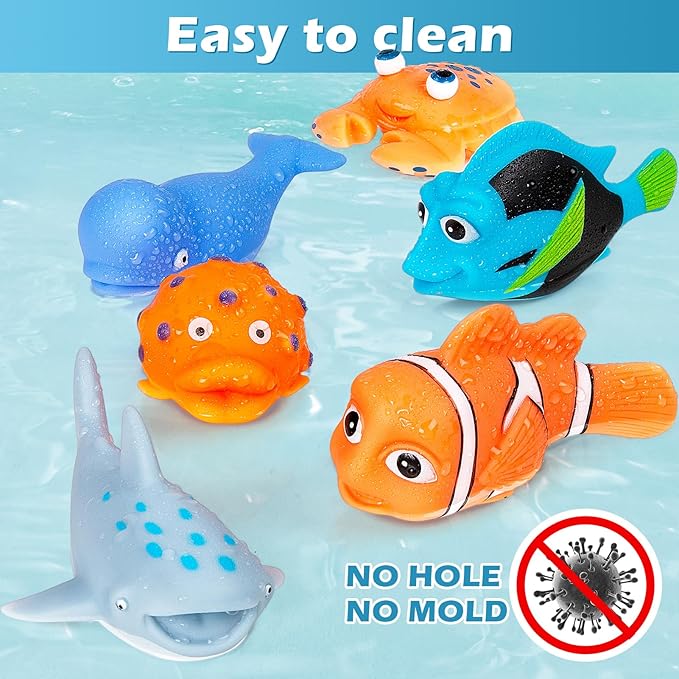 No Hole Mold Free Bath Toys for Toddlers 1-3, Water Toys for 6-12 Months Infants with Storage Bag, Baby Shark Toys for Pool, Bathtub, Beach, Shower, Tub, Kids Boys Girls