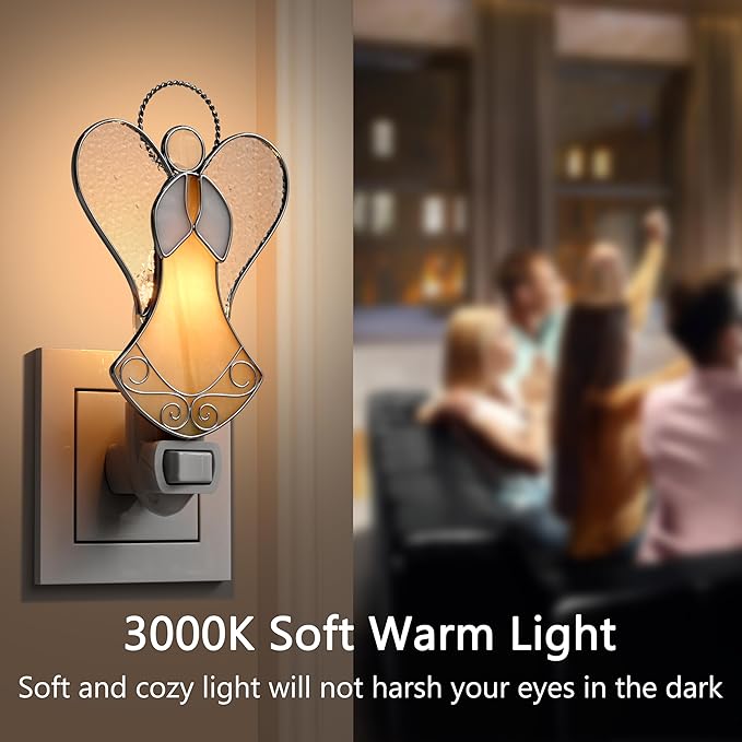 Night Lights Plug into Wall,Stained Glass Yellow Angel Plug in Night Light for Wall Socket Decorative Nightlight for Bedroom Hallway Kitchen Home for Mom Mother`s Day Birthday Christmas Gifts