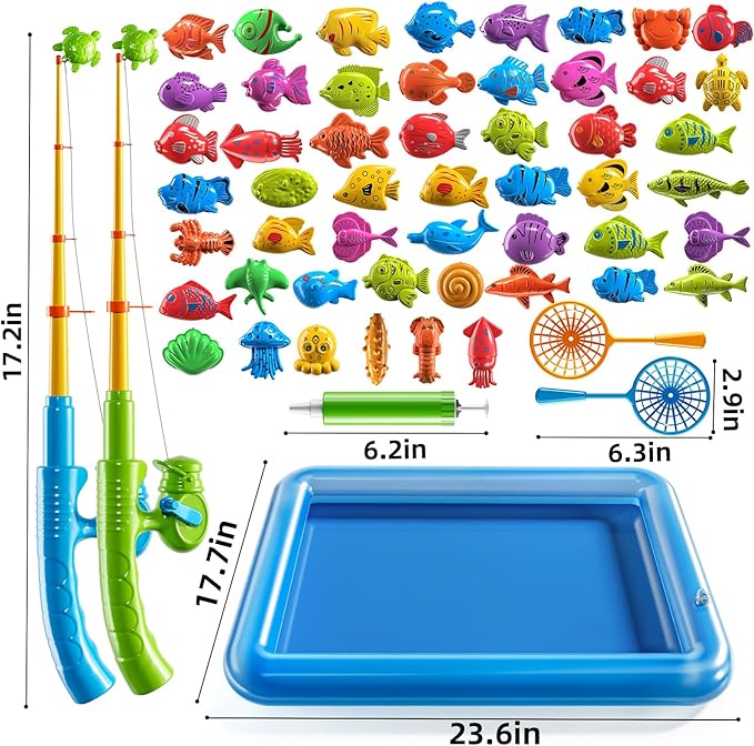 Magnetic Fishing Game Pool Toys Set for Kids 3-5, Water Table Bathtub Toys with Inflatable Pool Pole Rod Net Plastic Floating Fish, Outdoor Toys for Kids Boys Girls Age 3 4 5 6 7 8 Year Old
