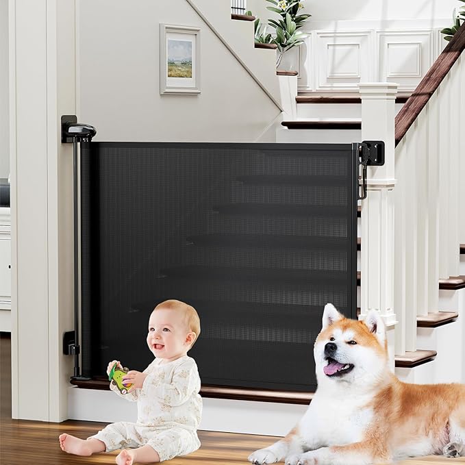 Retractable Baby Gates for Stairs No Drill, PRObebi Retractable Dog Gate Indoor Extends to 54" Wide 34" Tall, Child Gates for Doorways, Stair Gate Use for Outdoor, Hallways, Doorways, Deck, Porch