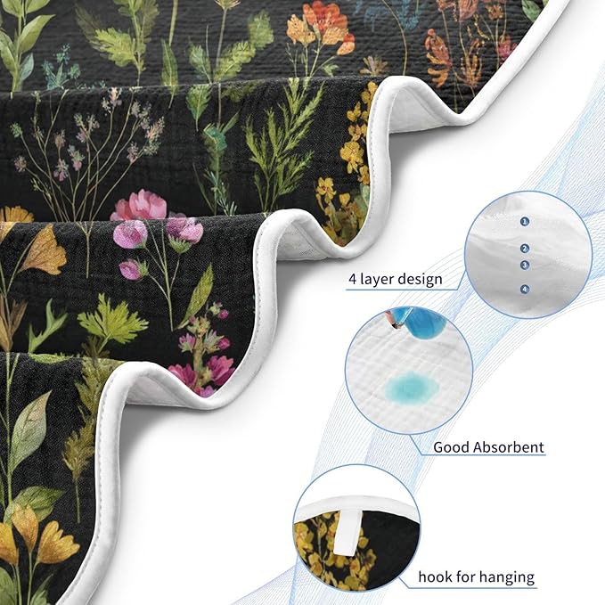 Pigsaly Watercolor Wild Flowers Hooded Baby Towel Meadow Herbs Leaves Baby Bath Towel Unisex Soft Organic Cotton Washcloths Toddlers Shower Gifts for Boys Girls Newborn 30 x 30 in