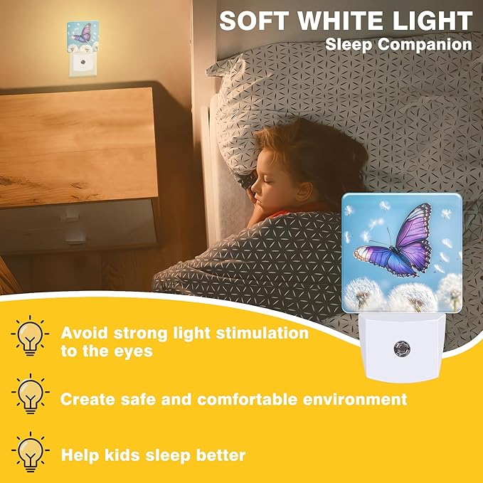 Flying Butterfly with Dandelion Night Light, Plug-in Nightlight with Dusk to Dawn Auto Sensor for Home Bedroom Hallway Kitchen 0.5W Sleep Friendly Led Lamp for Women Men