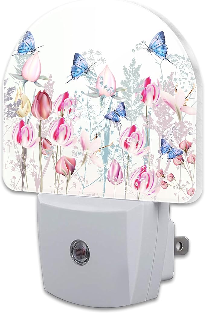 Pink Tulip Flowers and Butterflies Night Light Plug into Wall,Watercolor Spring Floral Dusk to Dawn Night Light Plug in,0.5w Energy Saving Sleep Friendly NightLight for Kids Boys Girls Home Decor