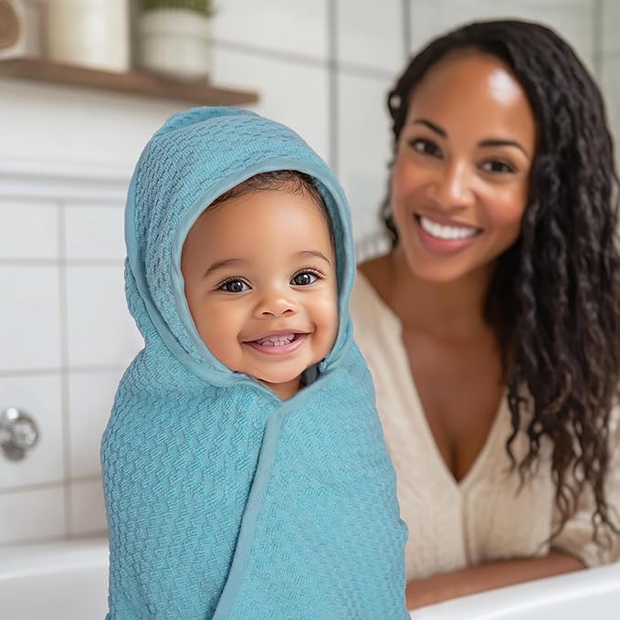 ORIGINAL KIDS Hooded Baby Towel for Newborn - Soft Waffle Weave Baby Bath Towel with Hood for Infant, Toddler - 100% Cotton with Poly Suede Piping - Absorbent Newborn Bath Essentials -32x32- Cool Blue