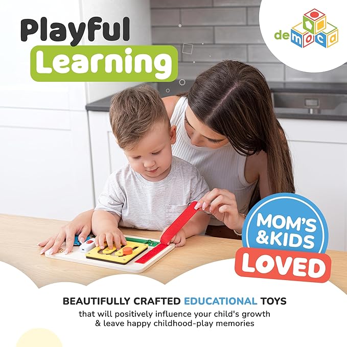 deMoca Sensory Busy Board for Toddlers, Premium Wooden Toddler Busy Board for 1 2 3 Year Old with 10 Educational Activities for Fine Motor Skills, Fidget Activity Toy for Travel Toy (Color)