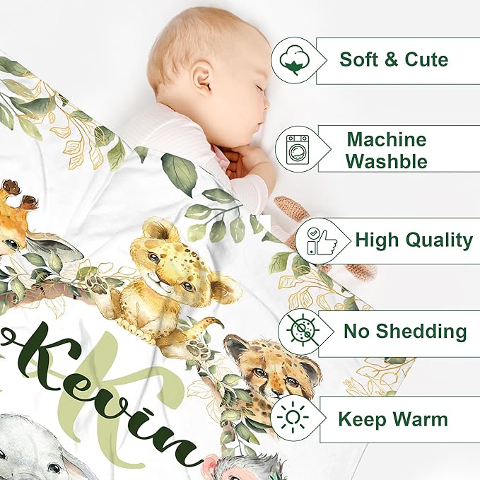 J&SBGFT Personalized Safari Animal Wood Baby Blanket, Custom Name, 30"x40", Brown, Green, Flannel, Unisex, Modern, Multi-Purpose, Customizable, Baby/Home