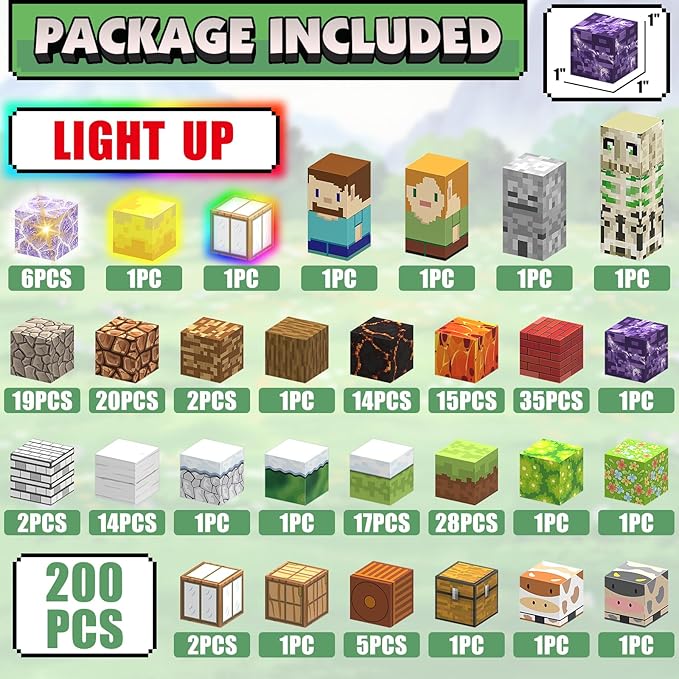 200PCS Magnetic Blocks Building Toys Set, Light Up Magnet Cubes, 3D Magnetic Building Blocks for Kids Boys Girls Ages 3+, STEM Sensory Christmas Birthday Present Construction Toys