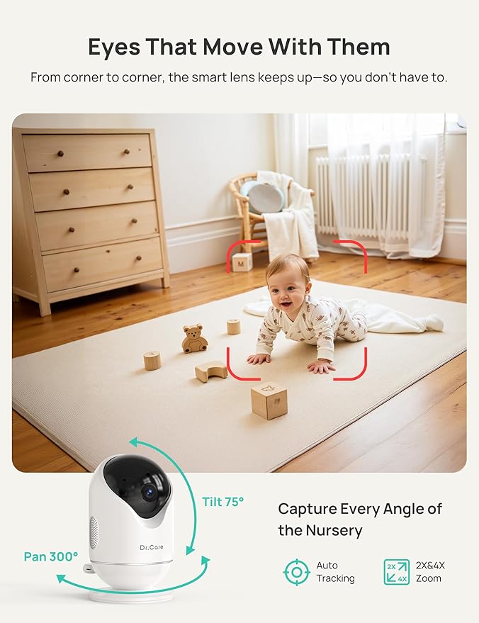 Dr.Care VistaView 5” Smart WiFi Baby Monitor with Clip Mount - 2K HD Camera, App Control, Cry & Motion Alerts, Night Vision, 5000mAh Battery, 2-Way Talk, Multi-User, Triple Security