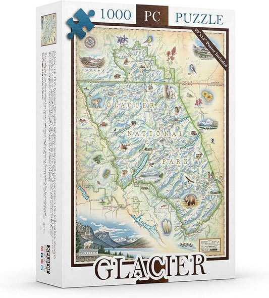 Glacier National Park Map Cardboard Jigsaw Puzzle - 1000 Pieces, Hand-Illustrated - Educational, Family Activity, Ages 7+, Includes Poster - 25.4 x 19.8