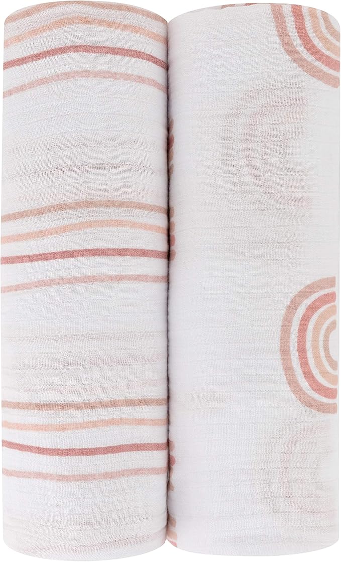 Ely's & Co. Cotton Muslin Swaddle Blanket 2-Pack for Baby Girl — 100% Cotton Muslin Extra-Large Swaddle Blankets (47” x 47”) Dusty Rose Stripes | Rainbows