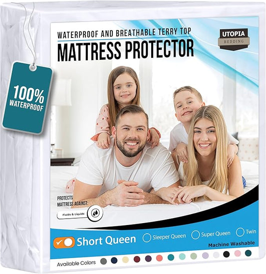 Utopia Bedding Waterproof Mattress Protector Short Queen Size, Premium Terry Mattress Cover 200 GSM, Breathable, Fitted Style with Stretchable Pockets (White)