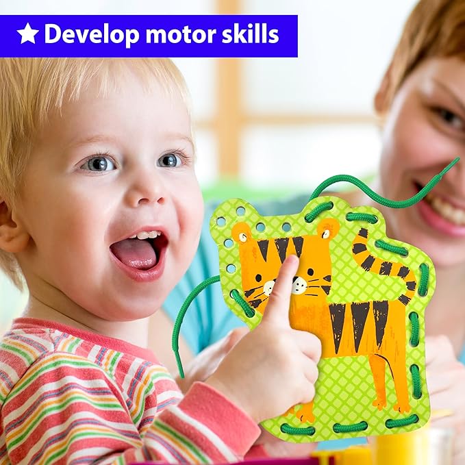 KRAFUN Beginner Preschool Lacing Card Kit for Kids Arts & Crafts, 5 Easy Safari and Animal Lacing Projects, Paper Craft Cards for Toddlers, Fine Motor Skills Training Toys