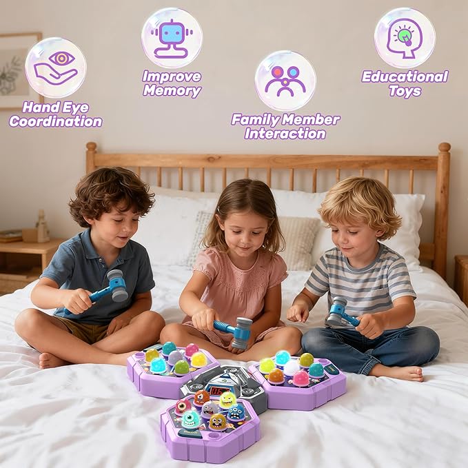 3-Player Whack Game Mole Toy for Ages 3+, Early Learning Toy with Lights & Sounds, Interactive Pounding Hammer Toy with 3 Game Modes, Perfect for Families with Multiple Kids of Different Ages