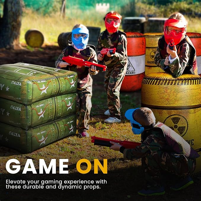 Package 4 Combat Battlefield Inflatables, Compatible with Nerf, Laser tag, Water Gun for Boys Birthday Party Activities and Decoration. Premiume Pack Include Water chember and Repair kit.