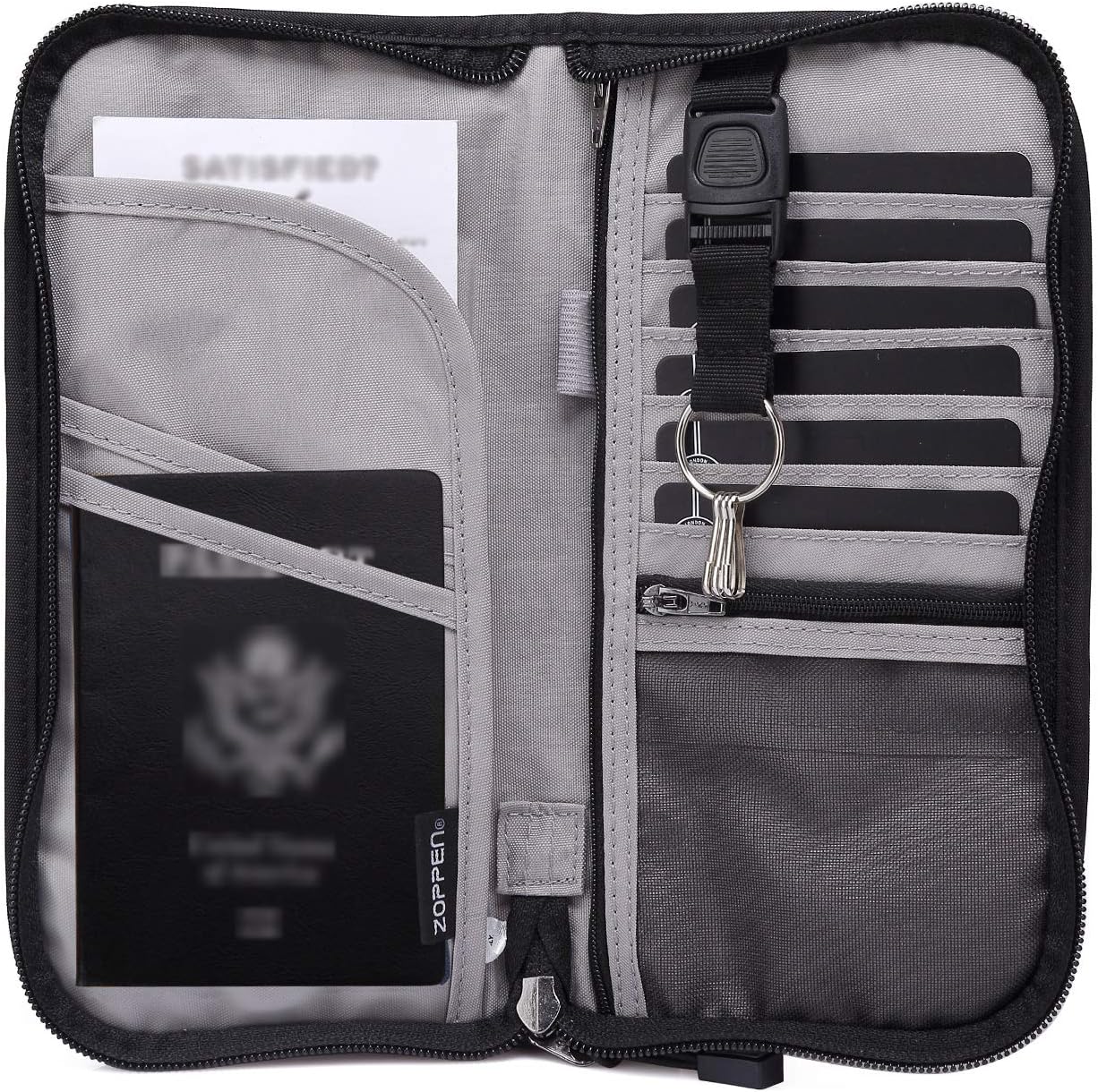 ZOPPEN Passport Holder Family RFID Passport Wallet, Passport Holder Women/Men, Travel Wallet Documents Organizer Zipper Case with Removable Wristlet Strap, Travel Essentials for Flying