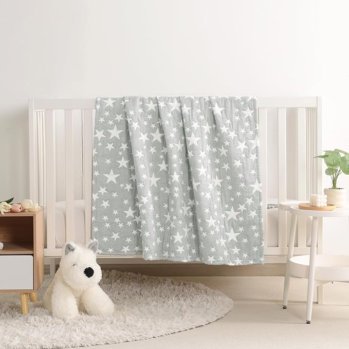 NTBAY 3 Layer Oversized Muslin Cotton Toddler Blanket, 45x60 Inches Jacquard Reversible Nursery Bed Blanket, Super Soft and Thermal Crib Blanket for All Seasons, Baby Gift, 45"x60", Grey/White Star
