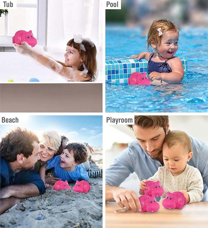 DolliBu Hippo Bath Buddy Squirter - Floating Pink Hippo Rubber Bath Toy, Fun Water Squirting Bathtime Play For Toddlers Cute & Soft Wild Life Animal Toy For Bathtub, Beach and Pool for Girls and Boys