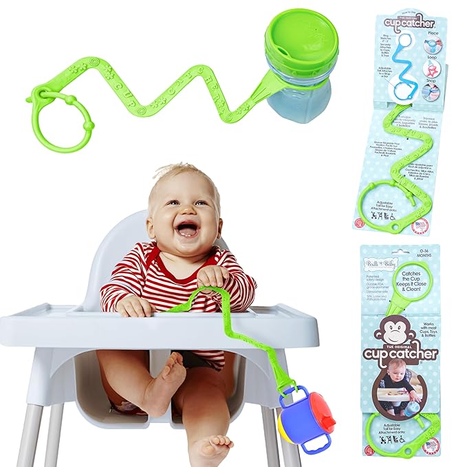 Brilli Baby Cup Catcher Patented Safety Tether Strap, Attach Sippy Cups, Bottles, Pacifiers & More to Stroller, High Chair, Car Seat, Made in USA, Food Grade, Dishwasher Safe (Lime Green)