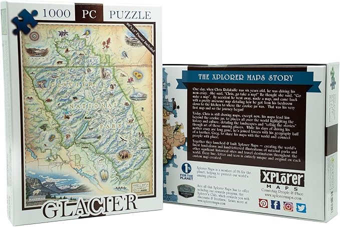 Glacier National Park Map Cardboard Jigsaw Puzzle - 1000 Pieces, Hand-Illustrated - Educational, Family Activity, Ages 7+, Includes Poster - 25.4 x 19.8