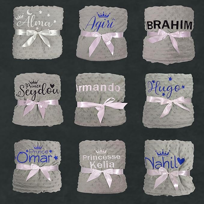 Personalized Baby Blanket, Custom Embroidered Blanket with Name, Newborn Baby Gifts, Customized Baby Nursery Bed Blankets, Soft Minky Fleece Crib Blankets for Toddlers, 27 * 35 inch-Grey
