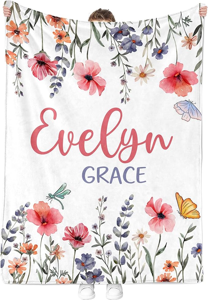 Custom Baby Blankets for Boys, Customized Baby Boy Gifts with Name, Personalized Baby Blankets, Soft Plush Fleece (Flower TM44)