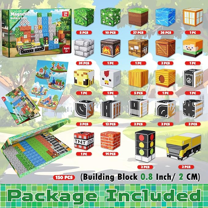 Magnetic Blocks - 150PCS Magnetic Building Blocks Road Forest Magnetic Cubes - Magnetic Toys for Montessori Toddler Birthday Gifts -STEM Sensory Construction Toys for Kids Ages 3+ for Boy & Girl