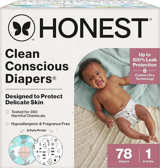 The Honest Company Clean Conscious Diapers for Delicate Skin | Up to 100% Leakproof | Hypoallergenic, Fragrance Free | Gender Neutral | Club Box, Size 1 (8-14 lbs), 78 Count (Prints May Vary)