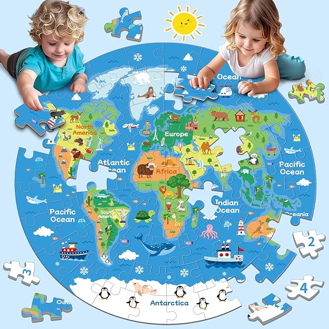 72 Piece World Map Jigsaw Puzzle for Kids 3-5, 4-6 Globe Round Floor Puzzles Geography Educational Birthday Gifts Learning Resource Educational Montessori Toys (World Map)