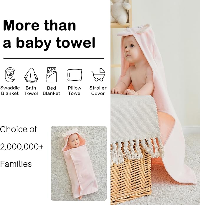 Viviland 2 Pack Hooded Baby Towels, Soft 100% Cotton Baby Bath Towels with Hood, Extra Thick and Absorbent, Essential for Newborns, Kids, Infants - Girls and Boys (Pink Elephant & Dog)