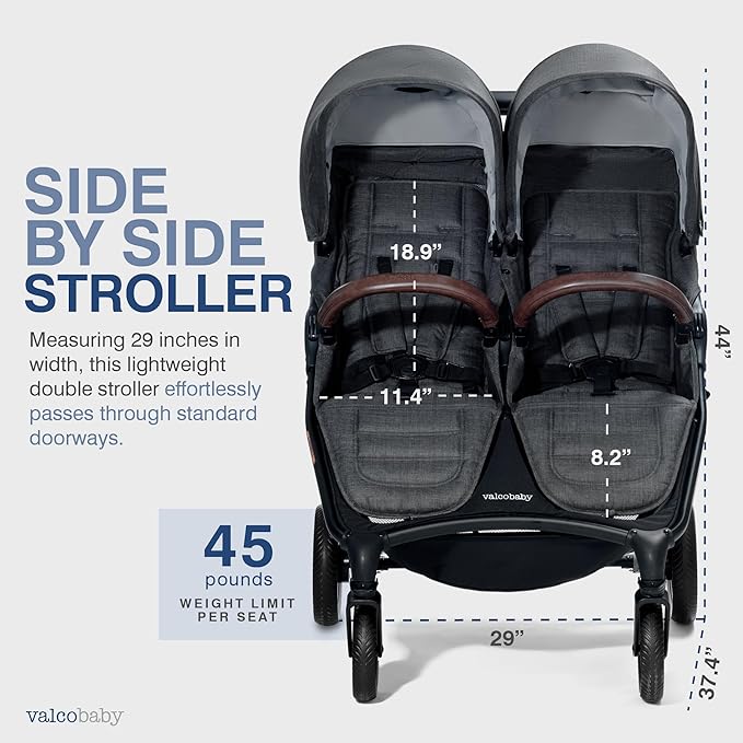 Valco Baby Trend Duo Light Weight Side by Side Double Stroller 2025(Charcoal) - Easy and Compact fold, Multi-Position Recline, Large Canopy, Independent Twin Vents and More - Luxurious Twin Pram