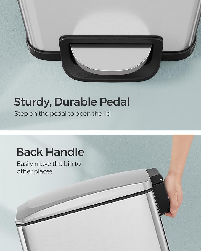 SONGMICS Slim Trash Can, 13-Gallon (50 L) Garbage Can for Narrow Spaces with Soft-Close Lid, Inner Bucket, and Step-on Pedal, Stainless Steel, 15 Trash Bags Included, Silver ULTB510E48