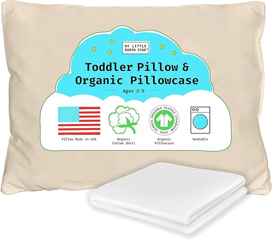 Organic Toddler Pillow Made in the USA and Organic Cotton Pillowcase - 13x18 Soft Natural Cotton Toddler Pillow for Sleeping - Washable Baby Nap Pillow - Travel Pillow - Kids Sleeping Bedding