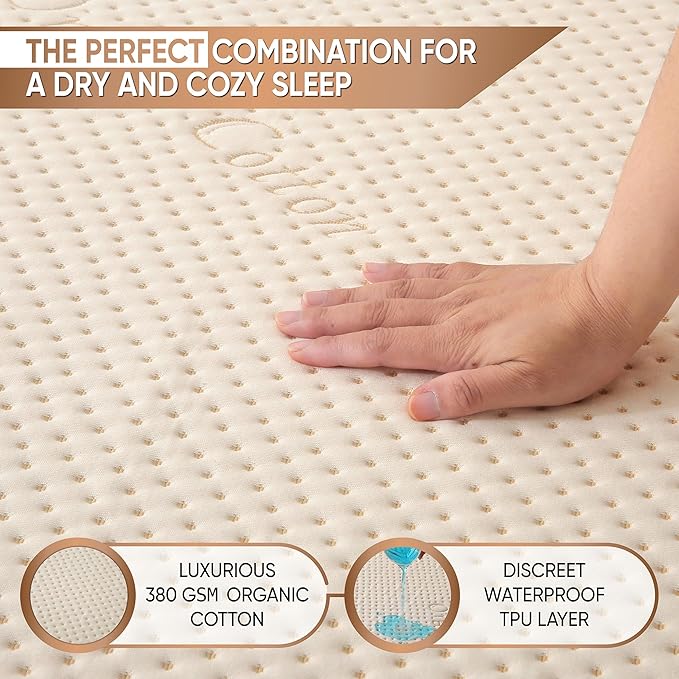 Luxury Waterproof Organic Mattress Protector King - Organic Cotton Breathable Mattress Pad Cover - New 380 GSM Comfort - Deep Pocket - Jersey Cotton Skirt - Fitted Comfort