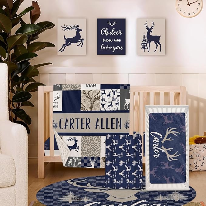 Personalized Baby Crib Bedding Set, 5-Piece Navy Deer Design Baby Crib Sets with Custom Name, Toddler Double Layer Blanket Fitted Sheets Changing Pad Cover Rug Wall Art Set, Charming Nursery Decor