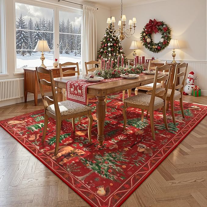 OJIA Christmas Area Rug 8x10 Red Animal Living Room Carpet Bedroom Throw Rug, Holiday Washable Rugs Non-Slip Soft Low Pile Kids Nursery Rug Large Carpet for Playroom Dining Room Home Decor