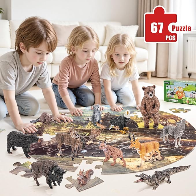 12PCS Large North American Animal Figurines & 67PCS Large Woodland Jigsaw Puzzles Toys for Preschool Kids Toddlers, Ideal Realistic Safari Animals Toys Gift for Toddlers Kids