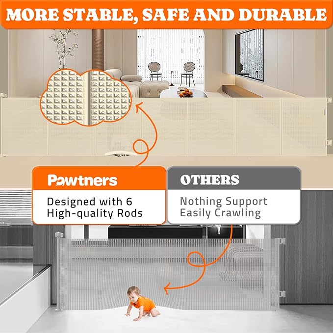 Upgrade 120" Retractable Baby Gates Extra Wide with Reinforced Strip, 10 FT Retractable Dog Gate, 41" Tall Retractable Gate Indoor Outdoor for Pet and Baby-Beige