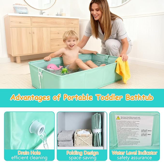 Collapsible Baby Bathtub, Thickened Foldable Travel Toddler Bathtub, 30s Fast Drainage, Foldable and Portable, Unfoldable and Ready to Use, Quick-Clean Toddler's Travel Tub, for 12 Months to 5 Years