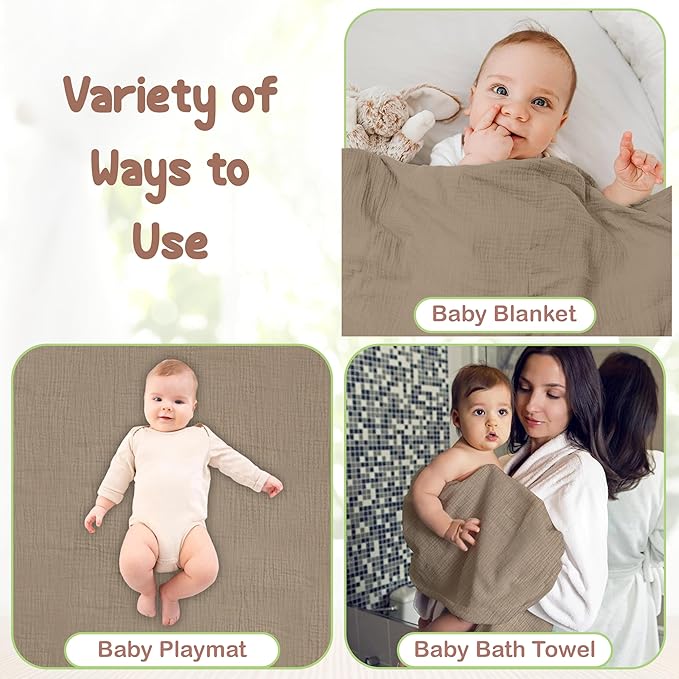 Organic Cotton Muslin Baby Hooded Towels - 32x32 Inch, 2 Pack Newborn Bath Towels for Boys & Girls, Soft & Absorbent Bath Set (Olive/Ivory)