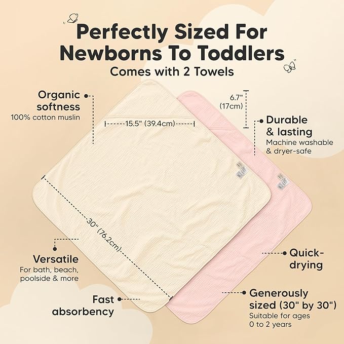 KeaBabies Muslin Hooded Baby Towels for Newborn Girls, Boys - 2-Pack, 30x30 Organic Cotton Baby Bath Towels Hooded, Soft Absorbent, Toddlers, Kids, Infant, Newborn Bath Essentials (Rose Ivory, Petite)