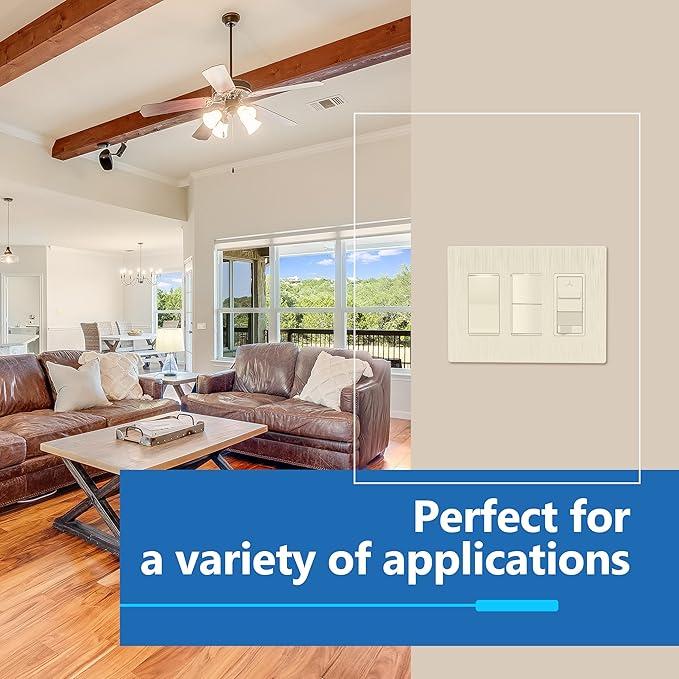 LIDER Brushed Finish Decorator Switch Cover, Screwless Wall Plate, Mid-Size 3-Gang 4.88" x 6.77", Unbreakable Polycarbonate Thermoplastic, UL Listed, LSWP-33M-BLA, Brushed Light Almond